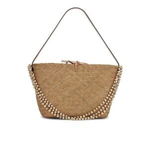 Ballen Paz Basket Bag‎ Tan Woven Straw Leather Beaded Strap Beach Resort Boho
